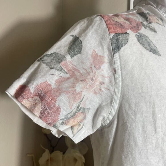 Denim & Flower Mens Small Floral Print Button Up Short Sleeve Shirt Linen Blend - Picture 5 of 11